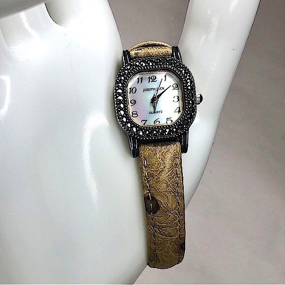 JUDITH JACK Swiss Movement MOP Face Marcasite Bezel Alligator Band Watch NWOT - Picture 5 of 17
